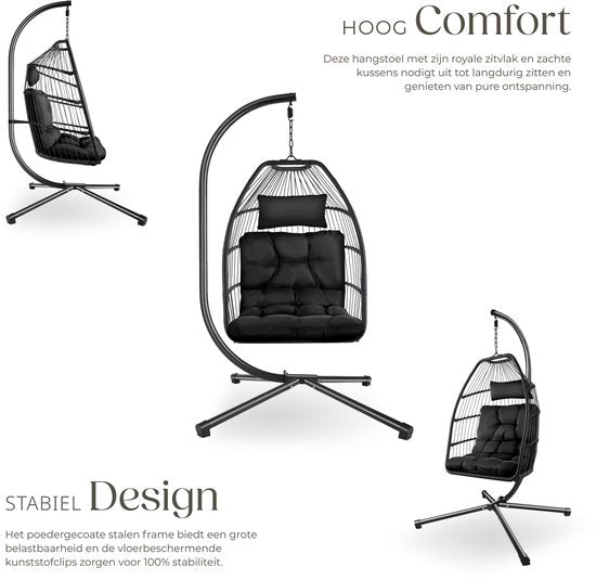 tectake® Luxe Hangstoel - Opvouwbare en draaibare Egg Chair met Standaard - Dikke Kussens - Antislipvoeten - Inclusief Beschermhoes - Ideaal voor Tuin, Terras en Slaapkamer - Zwart