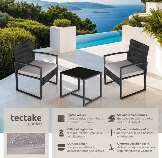 tectake® Tuinset Granada - Voor 2 Personen - 2 Loungestoelen met Bijzettafel - Wicker Zitgroep met Tuinstoelen en Tafel - Balkonmeubelset - Gestoffeerde Weerbestendige Stoelen inclusief Buitentuintafel - Zwart