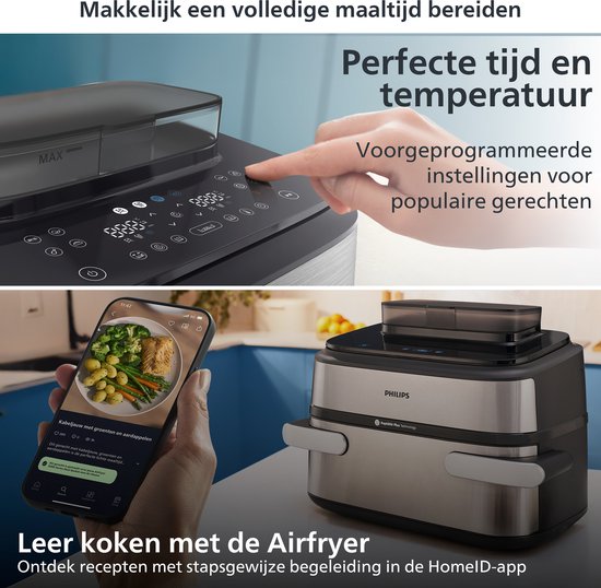 Philips Airfryer Megabasket Met Stoomfunctie 5000-serie – NA565/02 – PFAS vrij - Enkele mand óf Dubbele Mand - SteamClean – 9,5L – Tot 8 Personen – Inclusief Tang