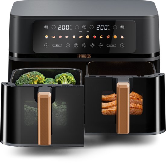 Princess 182272 Dubbele Airfryer - 2x 4.5L - 9 liter - 2 manden - XXL - Touchscreen - Kijkvenster - 12 programma's - 3100W