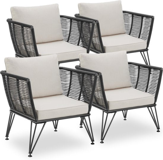 tectake® Loungestoelen Sundo - 4 Fauteuils voor Tuinset, Balkonset of Terras - Wicker Tuinstoelen Set in Rope-Design - Weerbestendig - Inclusief Kussens - Loungestoel Buiten - Loungeset Tuinmeubels