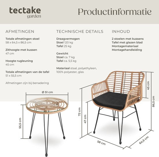 tectake® Tuinset Molfetta - Outdoor Wicker Zitgroep - Meubel voor 2 Personen - 3-delige Bistroset - Balkonmeubel - Tuinmeubelset met 2 Stoelen + Tafel - Kleine Weerbestendige Lounge voor Tuin, Balkon, Terras