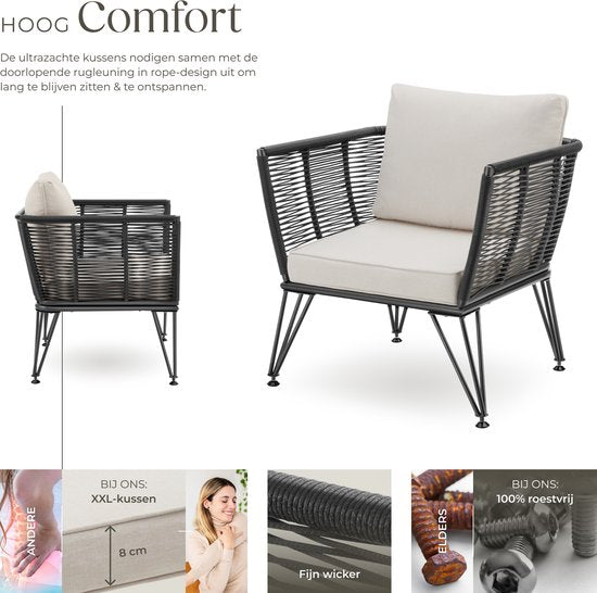 tectake® Loungestoelen Sundo - 4 Fauteuils voor Tuinset, Balkonset of Terras - Wicker Tuinstoelen Set in Rope-Design - Weerbestendig - Inclusief Kussens - Loungestoel Buiten - Loungeset Tuinmeubels
