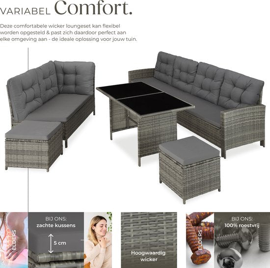 tectake® Loungeset Barletta - 6 tot 8 Personen - Modulaire Tuinset met Loungebank, Kruk en Tuintafel - Tuinmeubels - Balkonmeubel - 5-delige Zitgroep - Inclusief Kussens - Ideaal voor Tuin, Terras en Balkon - Beige met Grijze Kussens