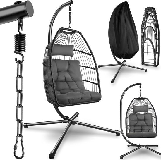 tectake® Luxe Hangstoel - Opvouwbare en draaibare Egg Chair met Standaard - Dikke Kussens - Antislipvoeten - Inclusief Beschermhoes - Ideaal voor Tuin, Terras en Slaapkamer - Donkergrijs