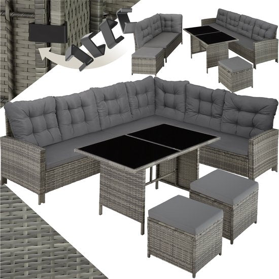 tectake® Loungeset Barletta - 6 tot 8 Personen - Modulaire Tuinset met Loungebank, Kruk en Tuintafel - Tuinmeubels - Balkonmeubel - 5-delige Zitgroep - Inclusief Kussens - Ideaal voor Tuin, Terras en Balkon - Beige met Grijze Kussens