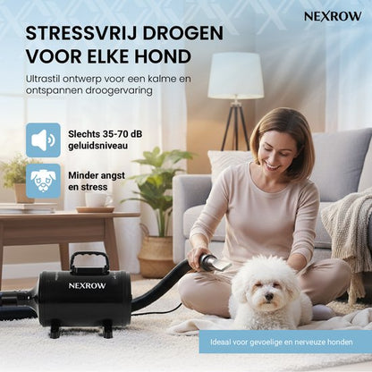 NEXROW® Professionele Hondenföhn 3800W – Waterblazer voor Honden met LCD Display – Stil Design met Negatieve Ionen Functie – 4 Opzetstukken – Zwart