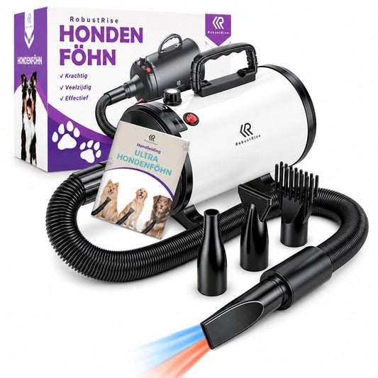 RobustRise Ultra Hondenfohn - 3800W - Wit - extra krachtig - Verstelbaar Vermogen - Waterblazer voor Honden - Hondenfohn met 4 Opzetstukken - Stil Design met geluidsdemper