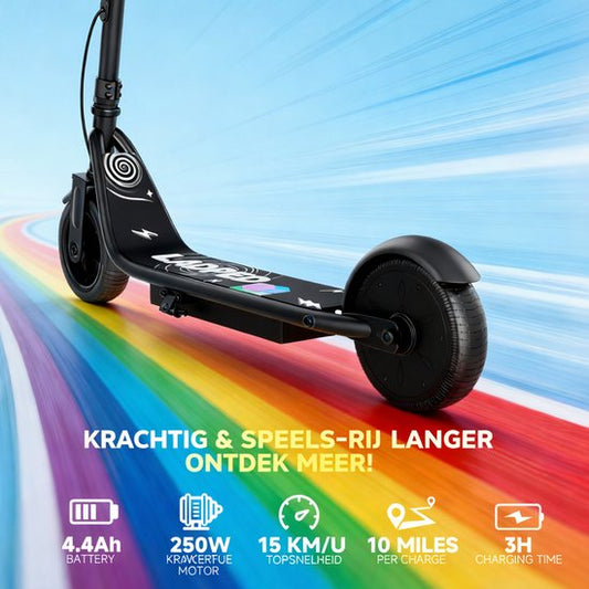 Stay-on Ladped Zwart - Elektrische kinderstep - 15km/h - Max. 15 km - Bluetooth Speaker - LED Color Lights - NL handleiding