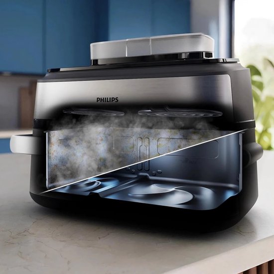 Philips Airfryer Megabasket Met Stoomfunctie 5000-serie – NA565/02 – PFAS vrij - Enkele mand óf Dubbele Mand - SteamClean – 9,5L – Tot 8 Personen – Inclusief Tang