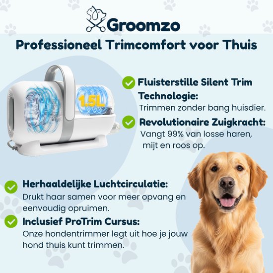 Hondentondeuse Met Stofzuiger - 20-Delig - 1,5L Opvangbak - Hondentrimmer Tondeuse - Honden Tondeuse - Honden Trimset - Incl. Video & E-book - Groomzo