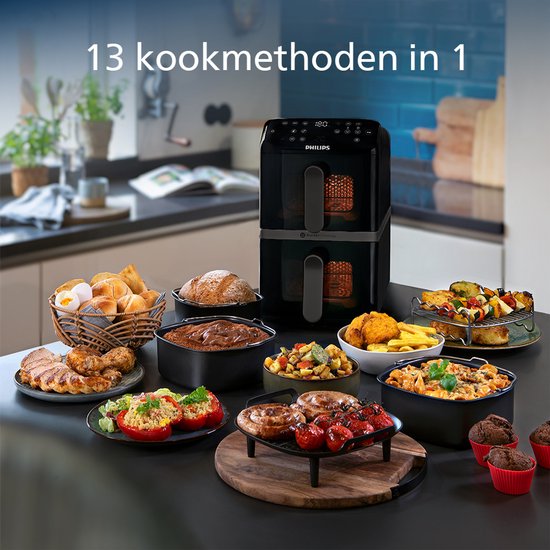 Philips Dual-Stacked Dubbele Airfryer 4000 Series – NA460/00 - PFAS Vrij - 2 Lades (Sync) – 10 L – Tot 6 Personen – Bespaart 45% Ruimte