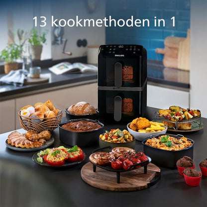 Philips Dual-Stacked Dubbele Airfryer 4000 Series – NA460/00 - PFAS Vrij - 2 Lades (Sync) – 10 L – Tot 6 Personen – Bespaart 45% Ruimte