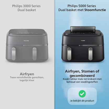 Philips 5000 Series Dual Basket Airfryer - NA551/00 - Stoomfunctie - Dubbele Mand - 9L - Tot 6 Personen