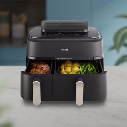 Philips 5000 Series Dual Basket Airfryer - NA551/00 - Stoomfunctie - Dubbele Mand - 9L - Tot 6 Personen