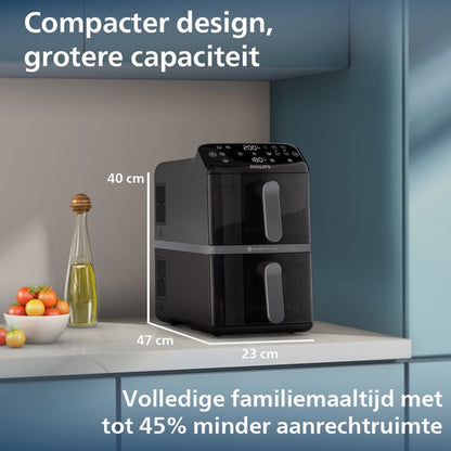 Philips Dual-Stacked Dubbele Airfryer 4000 Series – NA460/00 - PFAS Vrij - 2 Lades (Sync) – 10 L – Tot 6 Personen – Bespaart 45% Ruimte