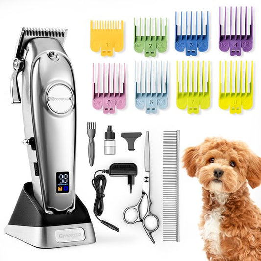 Hondentondeuse Dikke Vacht - Draadloos 5,5u - Fluisterstil <50dB - 2 Snelheden - Hondentrimmer - Honden Tondeuse Trimset - Video & E-book - RVS - Groomzo