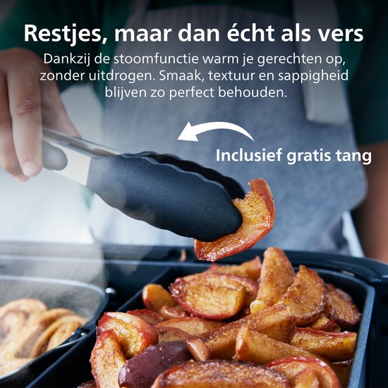 Philips Airfryer Megabasket Met Stoomfunctie 5000-serie – NA565/02 – PFAS vrij - Enkele mand óf Dubbele Mand - SteamClean – 9,5L – Tot 8 Personen – Inclusief Tang