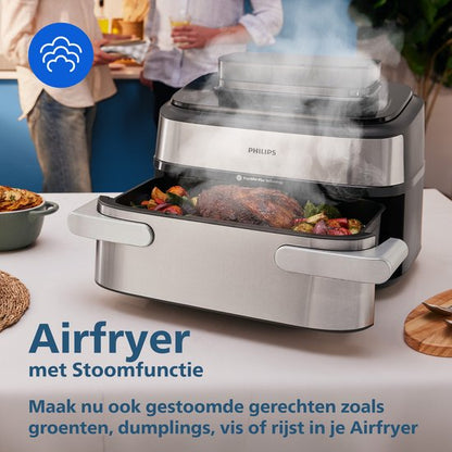 Philips Airfryer Megabasket Met Stoomfunctie 5000-serie – NA565/02 – PFAS vrij - Enkele mand óf Dubbele Mand - SteamClean – 9,5L – Tot 8 Personen – Inclusief Tang