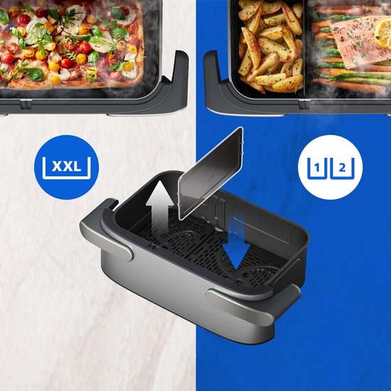 Philips Airfryer Megabasket Met Stoomfunctie 5000-serie – NA565/02 – PFAS vrij - Enkele mand óf Dubbele Mand - SteamClean – 9,5L – Tot 8 Personen – Inclusief Tang
