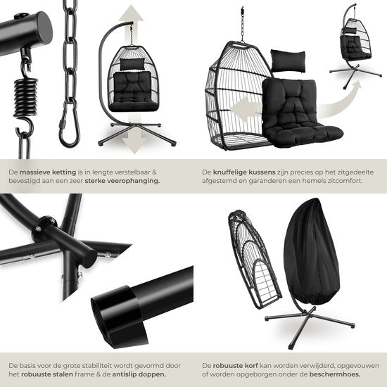 tectake® Luxe Hangstoel - Opvouwbare en draaibare Egg Chair met Standaard - Dikke Kussens - Antislipvoeten - Inclusief Beschermhoes - Ideaal voor Tuin, Terras en Slaapkamer - Zwart