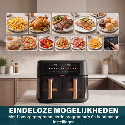 Princess 182272 Dubbele Airfryer - 2x 4.5L - 9 liter - 2 manden - XXL - Touchscreen - Kijkvenster - 12 programma's - 3100W