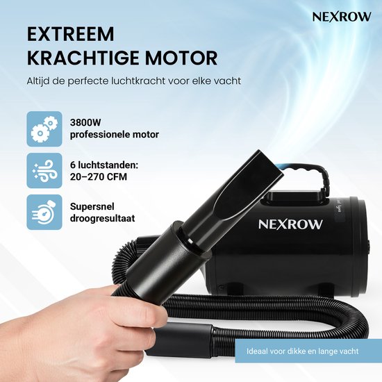 NEXROW® Professionele Hondenföhn 3800W – Waterblazer voor Honden met LCD Display – Stil Design met Negatieve Ionen Functie – 4 Opzetstukken – Zwart