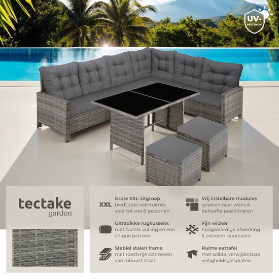 tectake® Loungeset Barletta - 6 tot 8 Personen - Modulaire Tuinset met Loungebank, Kruk en Tuintafel - Tuinmeubels - Balkonmeubel - 5-delige Zitgroep - Inclusief Kussens - Ideaal voor Tuin, Terras en Balkon - Beige met Grijze Kussens