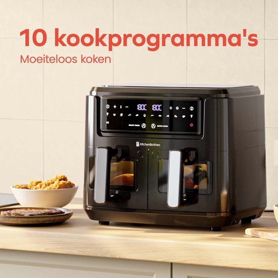 KitchenBrothers Dubbele Airfryer - PFAS-vrij - 2400W - Dual Zone - 9L - Heteluchtfriteuse - Airfryer XXL - 2 x 4.5L - 10 Kookprogramma's - Zwart