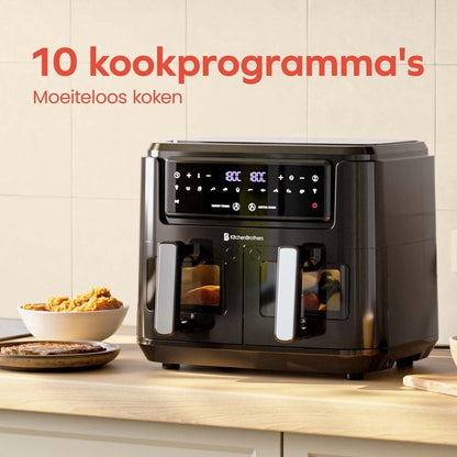 KitchenBrothers Dubbele Airfryer - PFAS-vrij - 2400W - Dual Zone - 9L - Heteluchtfriteuse - Airfryer XXL - 2 x 4.5L - 10 Kookprogramma's - Zwart