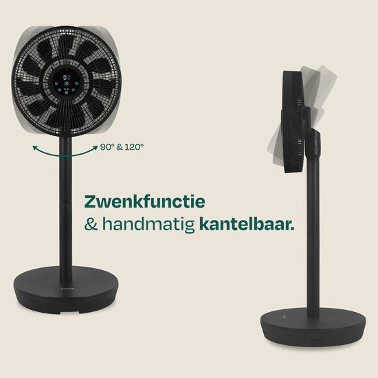 VONROC BREEZE Draadloze Ventilator – Fluisterstil (<44 dB) – 24 snelheden – lichtgewicht en draagbaar - 3 windmodi: Natuurlijk, Slaap, Normaal – Modulair: tafelventilator én vloerventilator – Luxe touchdisplay – Incl. afstandsbediening – Zwart