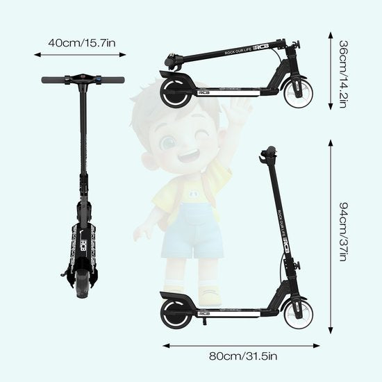 RCB Elektrische Step Kinderen - 6.5 inch- Verlichting - 5/10/15 km/u - zwart