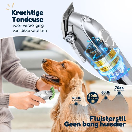 Hondentondeuse Dikke Vacht - Draadloos 5,5u - Fluisterstil <50dB - 2 Snelheden - Hondentrimmer - Honden Tondeuse Trimset - Video & E-book - RVS - Groomzo