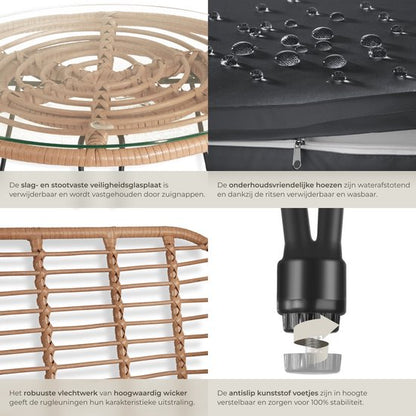 tectake® Tuinset Molfetta - Outdoor Wicker Zitgroep - Meubel voor 2 Personen - 3-delige Bistroset - Balkonmeubel - Tuinmeubelset met 2 Stoelen + Tafel - Kleine Weerbestendige Lounge voor Tuin, Balkon, Terras