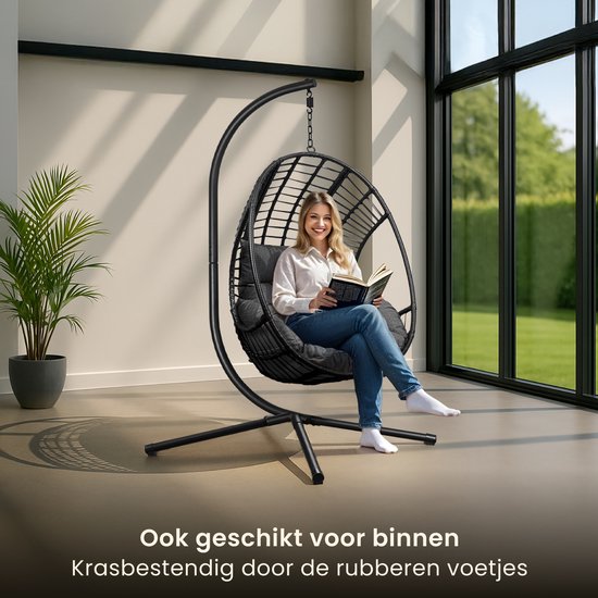 Swoods XXL Egg Hangstoel – Hangstoel met standaard – Egg Chair – tot 150kg – Donkergrijs