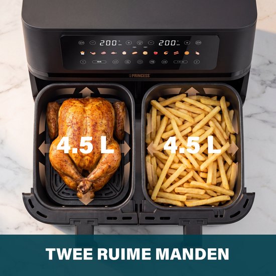Princess 182272 Dubbele Airfryer - 2x 4.5L - 9 liter - 2 manden - XXL - Touchscreen - Kijkvenster - 12 programma's - 3100W