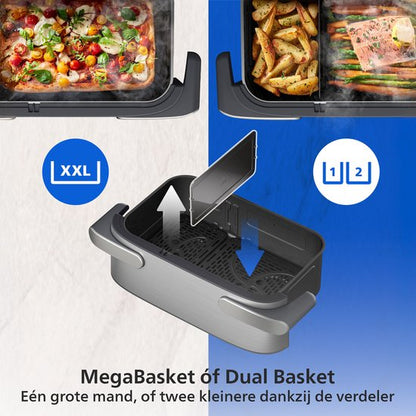 Philips Airfryer Megabasket Met Stoomfunctie 5000-serie – NA565/02 – PFAS vrij - Enkele mand óf Dubbele Mand - SteamClean – 9,5L – Tot 8 Personen – Inclusief Tang