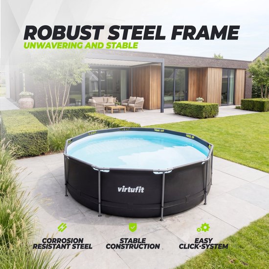 VirtuFit Rond Zwembad Ø366 x 100 cm - Incl. Filterpomp - Opzetzwembad - Duurzaam & Veilig Stalen Frame - Antraciet