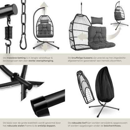 tectake® Luxe Hangstoel - Opvouwbare en draaibare Egg Chair met Standaard - Dikke Kussens - Antislipvoeten - Inclusief Beschermhoes - Ideaal voor Tuin, Terras en Slaapkamer - Donkergrijs