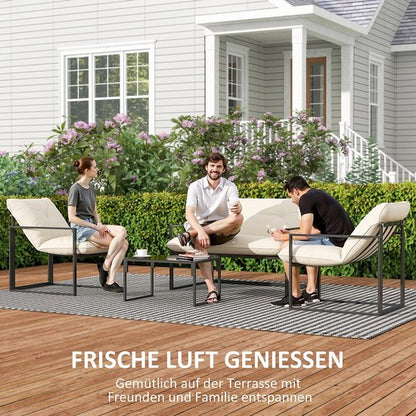 Pugsdrly Tuinsets, 1 glazen tafel, 2 fauteuils, 1 bank, weerbestendig, 114 cm x 70 cm x 67 cm, grijs + beige
