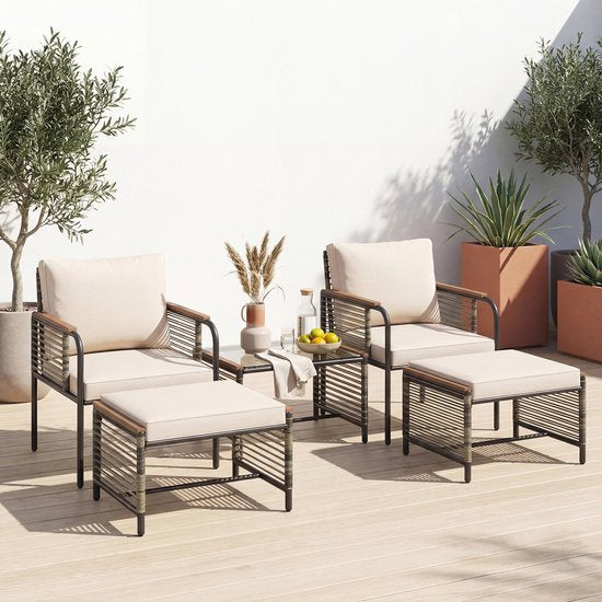 KOMFOTTEU 5-delig Tuinmeubelset voor buiten, met kussens, tuinmeubelen van rotan met 1 salontafel van gehard glas, 2 stoelen en 2 voetenbankjes, voor balkon, terras, patio