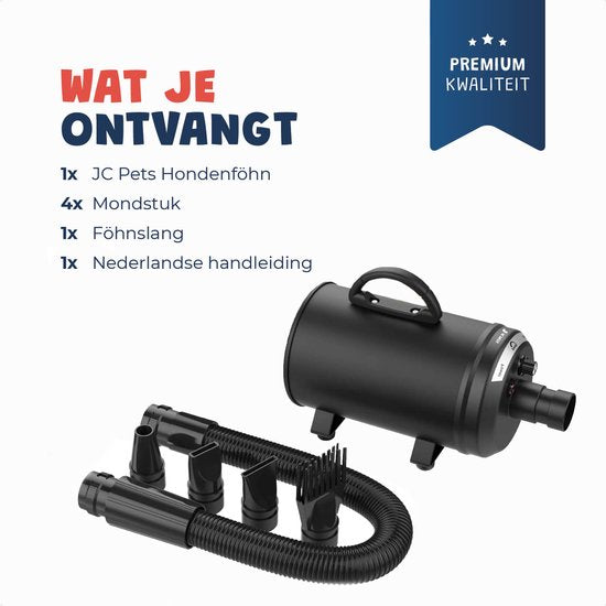 JC Pets Professionele Hondenfohn - Waterblazer voor Honden - Hondenblazer met geluiddemper - Haardroger Hond - Stil Model - Inclusief 4 Opzetstukken - 2800W