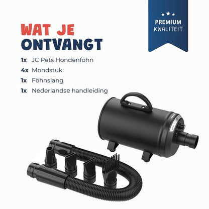 JC Pets Professionele Hondenfohn - Waterblazer voor Honden - Hondenblazer met geluiddemper - Haardroger Hond - Stil Model - Inclusief 4 Opzetstukken - 2800W
