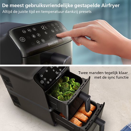 Philips Dual-Stacked Dubbele Airfryer 4000 Series – NA460/00 - PFAS Vrij - 2 Lades (Sync) – 10 L – Tot 6 Personen – Bespaart 45% Ruimte