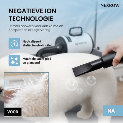 NEXROW® Professionele Hondenföhn 3800W – Waterblazer voor Honden met LCD Display – Stil Design met Negatieve Ionen Functie – 4 Opzetstukken – Wit