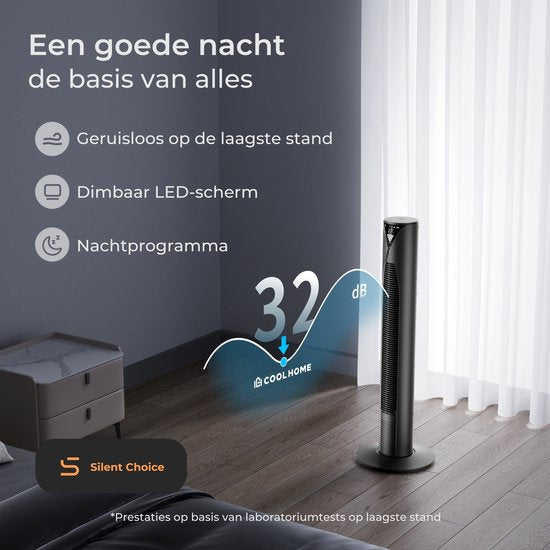 CoolHome CF2205 Ventilator - Stille torenventilator met afstandsbediening - Waaier met timer - Ventilator staand - Tower fan met dimbaar LED scherm - 96 cm - Zwart