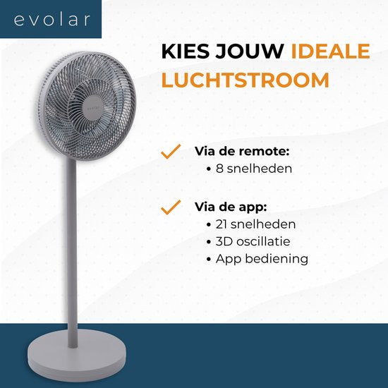 Evolar Smart Ventilator Staand - 36W - Incl. Accu - Statiefventilator - Ambient Light - WiFi - App & Afstandsbediening - EVO-SF36GW