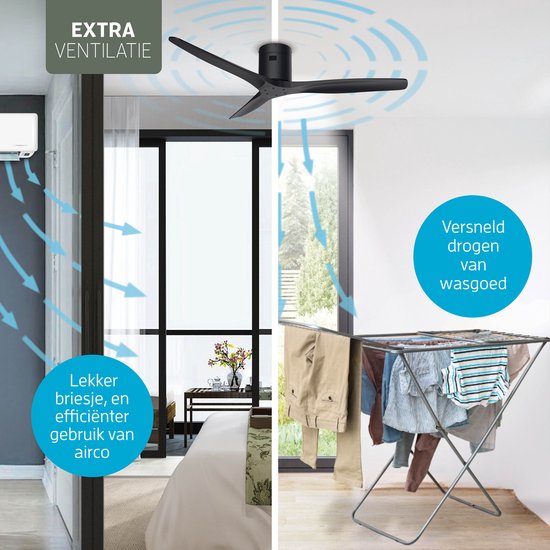 Varin® Smart Plafondventilator - Zwart - Tuya Wifi - Lange bladen - Ø 132cm - 6 snelheden - Super stil 20dB - Met afstandsbediening en gratis app - Ventilatorkachel - Ventilatoren plafond - Plafondventilator - Plafond ventilator slaapkamer