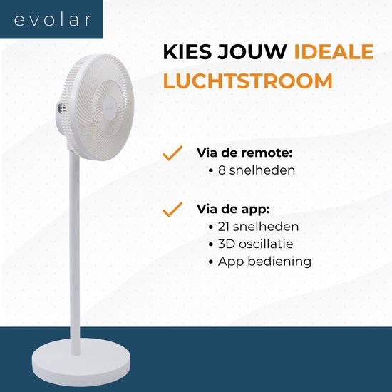 Evolar Smart Ventilator Staand - 36W - Incl. Accu - Statiefventilator - Ambient Light - WiFi - App & Afstandsbediening - EVO-SF36WW