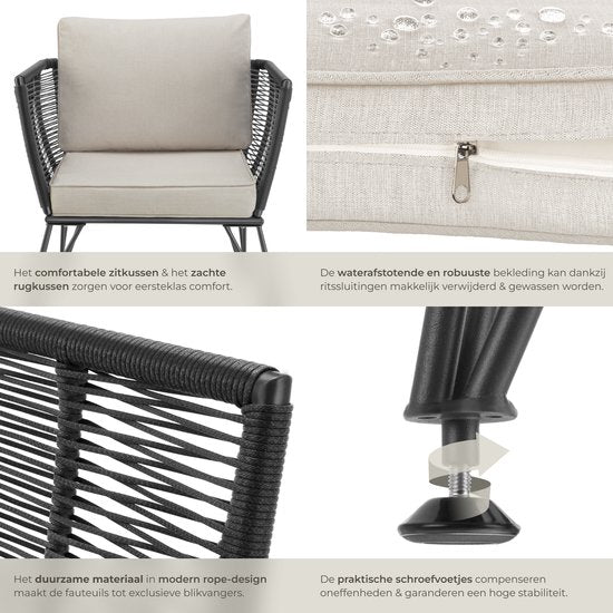 tectake® Loungestoelen Sundo - 2 Fauteuils voor Tuinset, Balkonset of Terras - Wicker Tuinstoelen Set in Rope-Design - Weerbestendig - Inclusief Kussens - Loungestoel Buiten - Loungeset Tuinmeubels